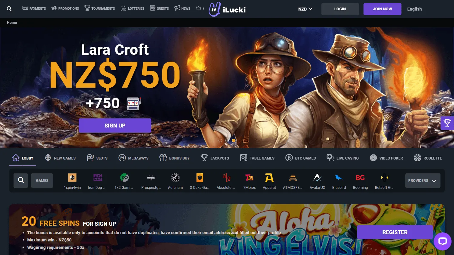 iLucki Casino home screen on desktop